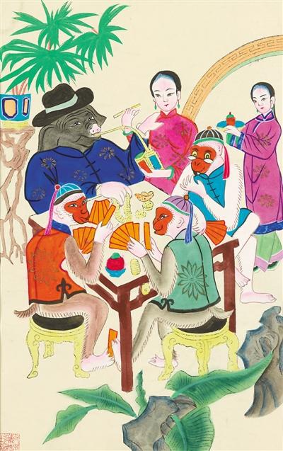 中国美术馆藏年画《三猴烫猪》。