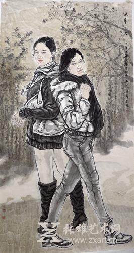庄红伟人物画作品《姐妹》198x97cm 庄红伟人物画作品《姐妹》198x97cm
