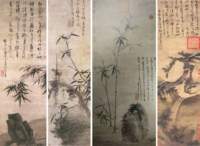   从左至右依次为：北京故宫博物院藏 吴镇《墨竹坡石图》轴、天津市艺术博物馆藏 吴镇《多福图》轴、台北故宫博物院藏 吴镇《竹石》轴、南京博物院藏 吴镇《松泉图》